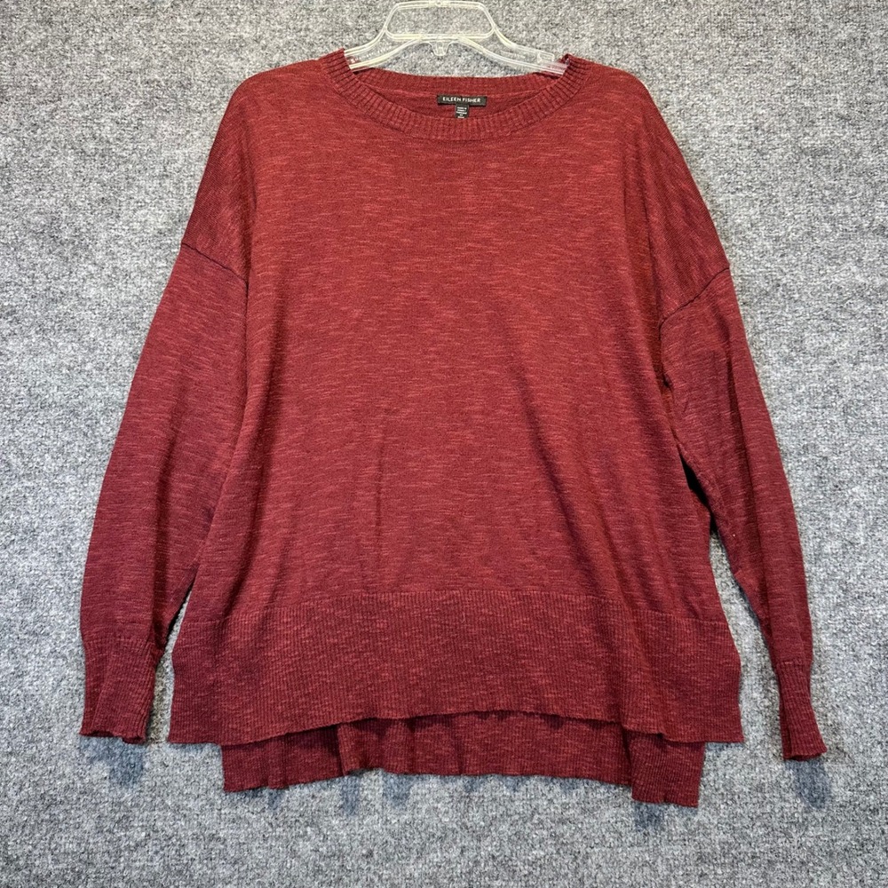 Eileen Fisher Sweater Women Medium Red Organic Linen Cotton Boxy Minimalist F21